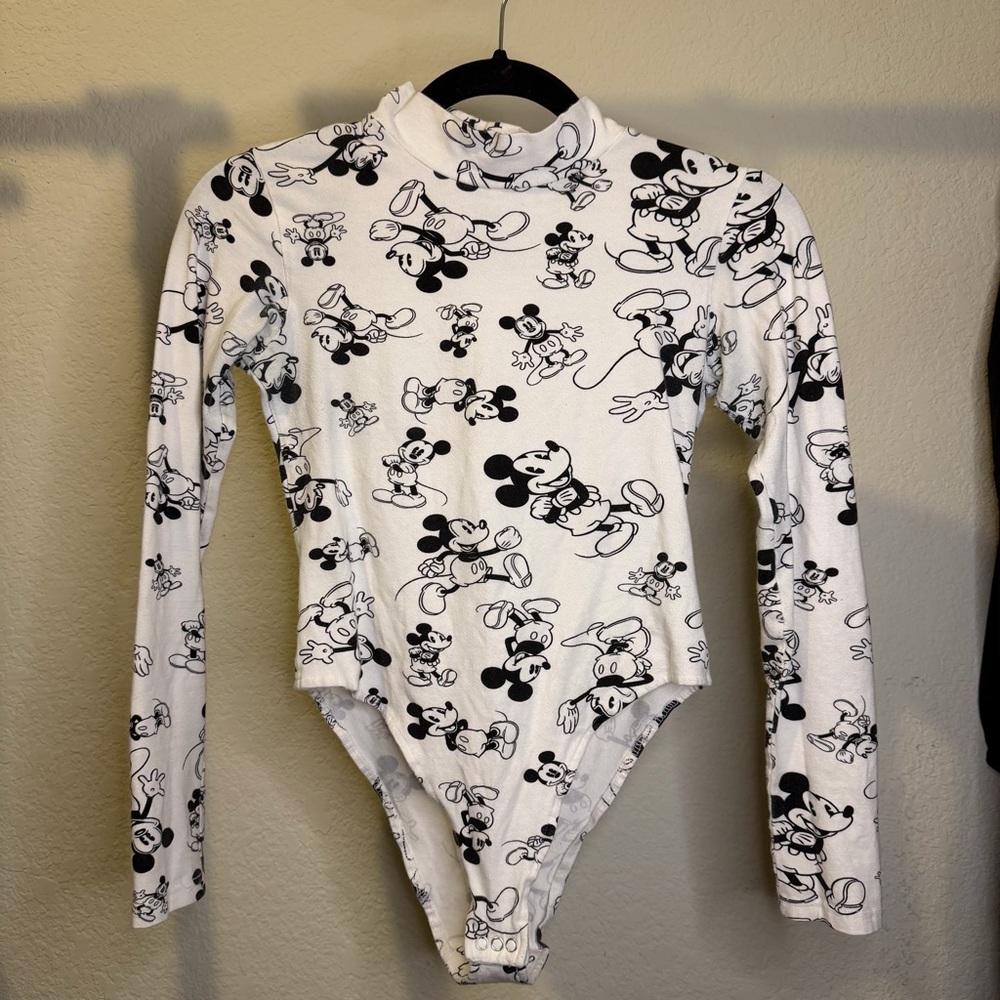 Disney Women's Mickey Mouse Print Bodysuit - White and Black
